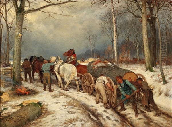 Woodworkers In A Winter Woodland Oil Painting by Casimir Geibel