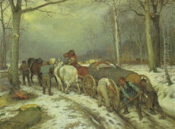 Waldarbeiter Mit Einem Holzfuhrwerk Im Winterwald by Casimir Geibel