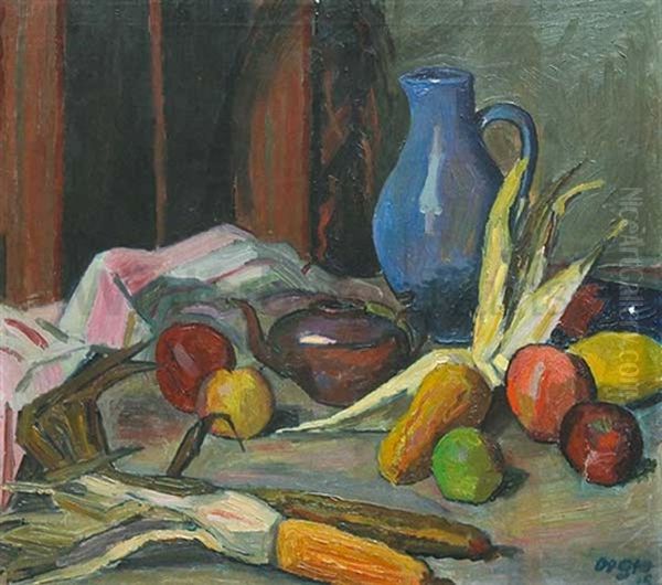 Stilleben Mit Obst, Maiskolben, Teekanne Und Blauem Krug Oil Painting by Otto Geigenberger