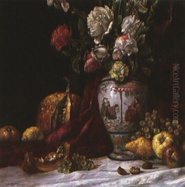 Vase Mit Blumen, Kurbis Und Weiterem Obst Oil Painting by Augustin Caspar Geiger