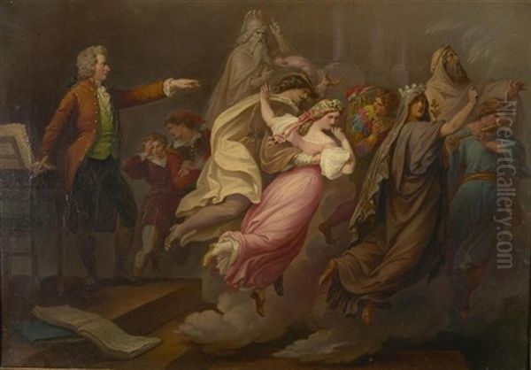 Mozart Gibt Seine Opern Don Giovanni Und Die Zauberflote Der Menschheit Oil Painting by Carl (Karl) Joseph Geiger