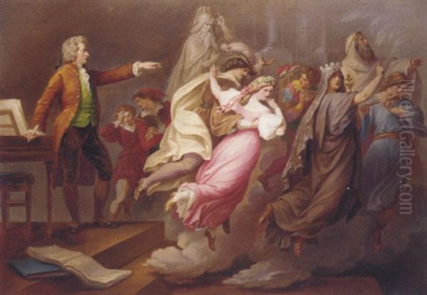 Mozart Directing Imaginary Actors From The Operas 'don Giovanni' And 'the Magic Flute.' Oil Painting by Carl (Karl) Joseph Geiger