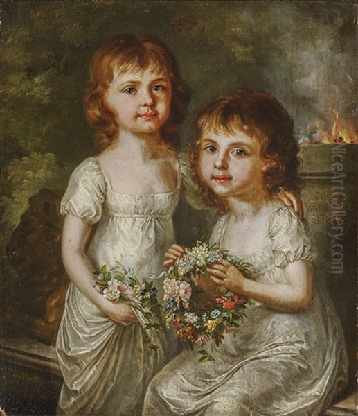 Portrait Of Two Sisters With Flower Wreaths Oil Painting by Margarethe Geiger