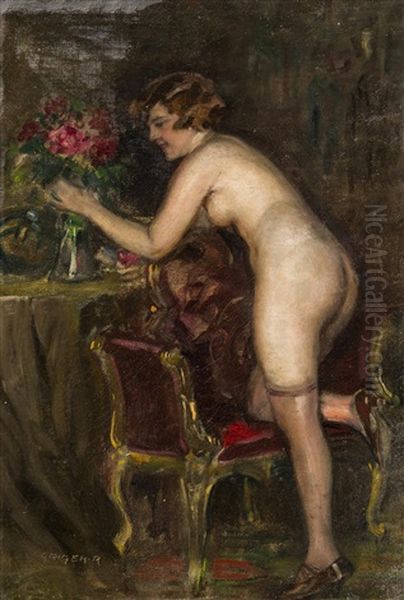 Nude Girl With Flowers Oil Painting by Richard Geiger