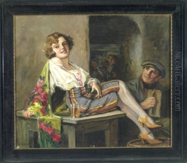 Sich Rakelnde, Rauchende Dame Mit Akkordeonspieler Im Wirtshaus Oil Painting by Richard Geiger