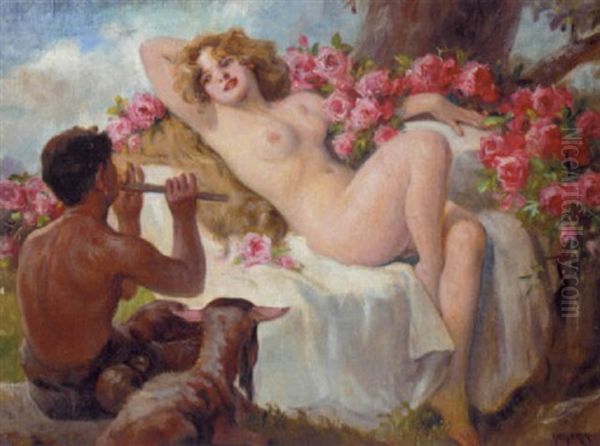 A Satyr Serenading A Nymph Oil Painting by Richard Geiger