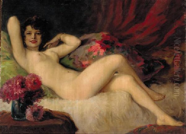 A Reclining Female Nude Oil Painting by Richard Geiger