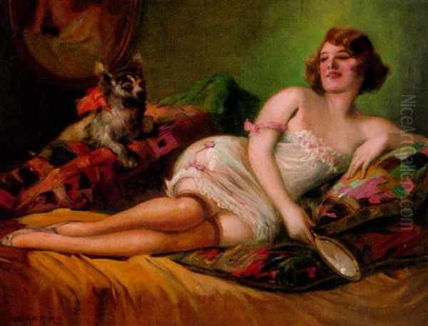 Frau Mit Hundchen Im Boudoir Oil Painting by Richard Geiger