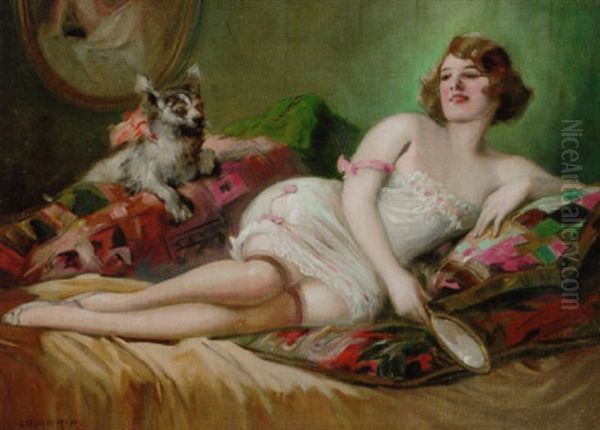 A Girl Reclining On A Bed With A Dog Oil Painting by Richard Geiger