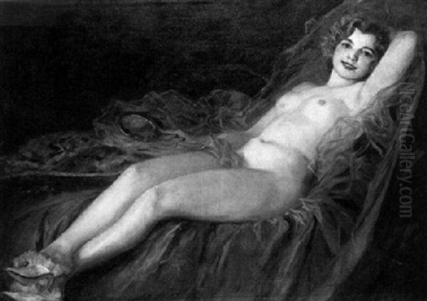 A Reclining Female Nude On A Bed Oil Painting by Richard Geiger