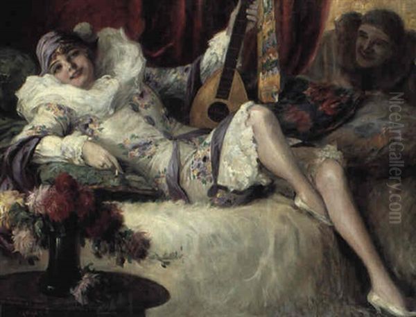 Ung Pige I Harlekinskostume Pa En Sofa Oil Painting by Richard Geiger