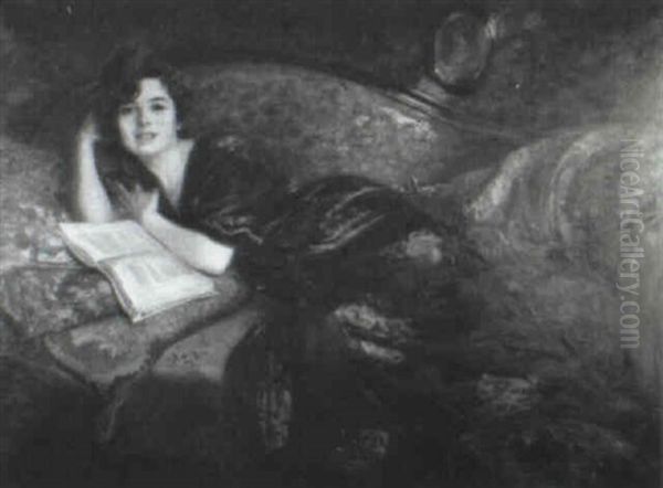 Portrait Of A Lady Reclining On Sofa Reading A Book Oil Painting by Richard Geiger