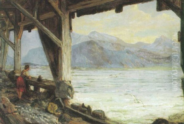 Blick Auf Den Walchensee Mit Gebirgshorizont An Einem Sommertag Oil Painting by August Geiger-Thuring