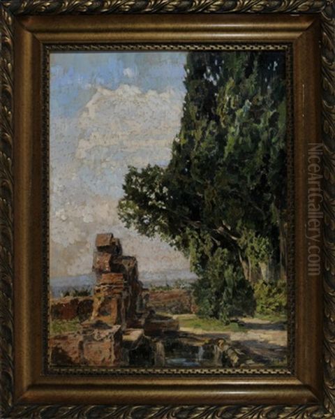 Sommerliche Landschaft Mit Brunnen (+ Another (study), Verso) Oil Painting by Fanny Edle von Geiger-Weishaupt