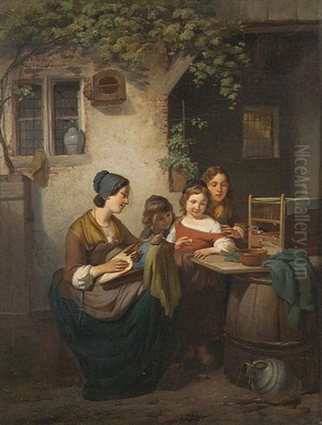 Open Air Scene With Young Lace Maker And Three Children, Feeding A Robin Oil Painting by Jozef Geirnaert