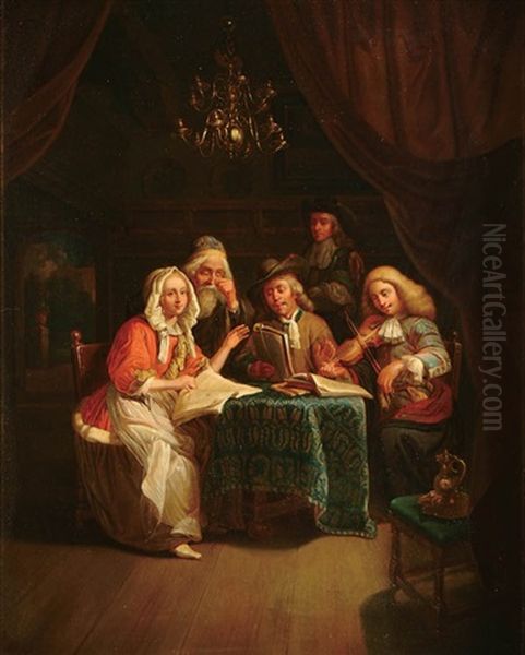 Interior Scene With Figures Gathered Around A Table Making Music Oil Painting by Jozef Geirnaert