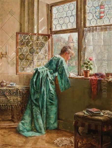 Woman In A Window Oil Painting by Joseph W. Geis