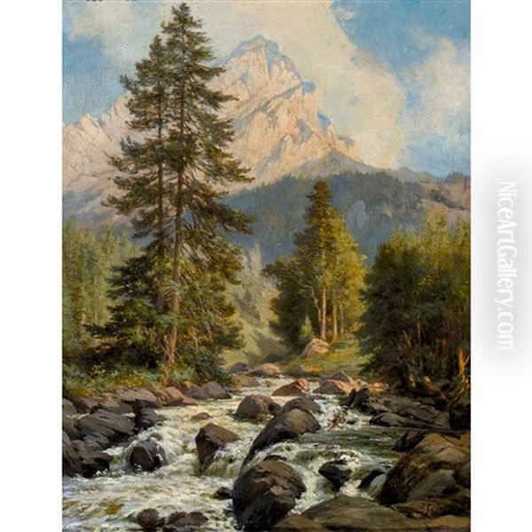 Die Roggalspitze Im Lechquellengebirge Oil Painting by Johann-Joseph Geisser