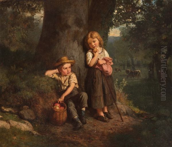 Zwei Kinder Unter Einem Baum Am Waldrand Oil Painting by Johann-Joseph Geisser