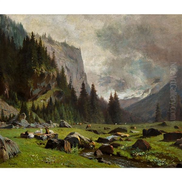 Ziegenherde In Einem Alpental Oil Painting by Johann-Joseph Geisser