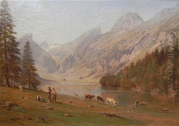 Paysans Et Troupeau Au Lac Oil Painting by Johann-Joseph Geisser