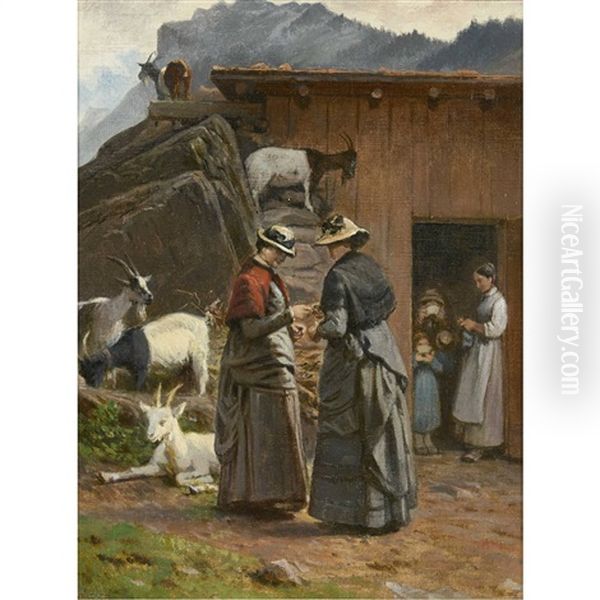 Zwei Damen Auf Der Alp Oil Painting by Johann-Joseph Geisser