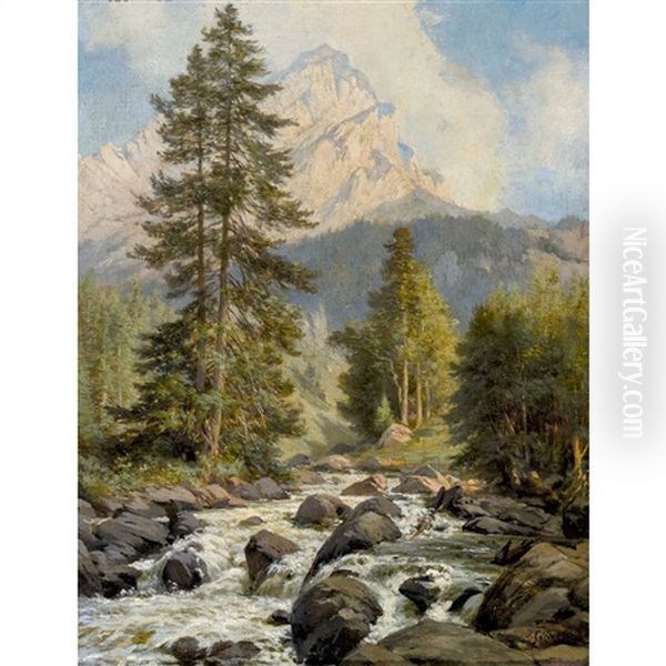 Die Roggalspitze Im Lechquellengebirge Oil Painting by Johann-Joseph Geisser