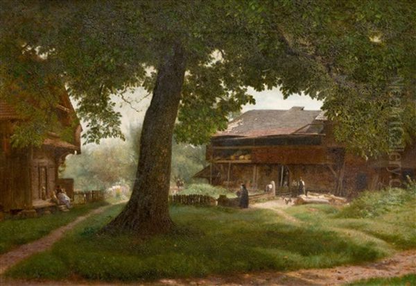 Magde Und Kinder, An Einem Sonnigen Sommertag, Vor Dem Bauerngehoft Oil Painting by Johann-Joseph Geisser