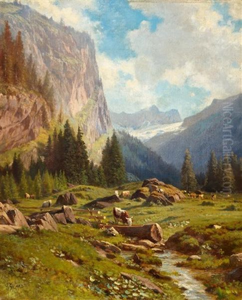 Idyllischer Bergbach Mit Kuhen Oil Painting by Johann-Joseph Geisser