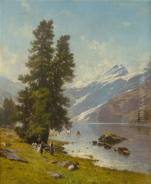 Hirtin Mit Tieren Am Bergsee Oil Painting by Johann-Joseph Geisser