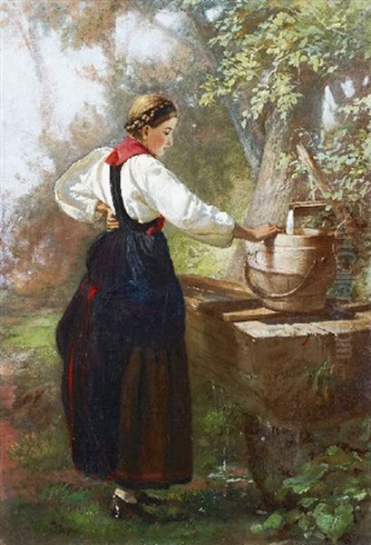 Jeune Paysanne A La Fontaine Oil Painting by Johann-Joseph Geisser