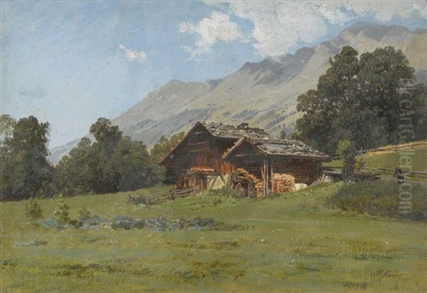 Sommerliche Alp Mit Bauernhof Oil Painting by Johann-Joseph Geisser