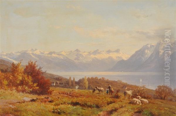 Blick Von Einer Anhohe Auf Den Genfersee Und Das Mont Blanc Massiv Oil Painting by Johann-Joseph Geisser