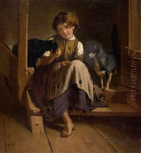 Kleines Madchen In Zerrissenem Kleid Mit Hund Und Katze Oil Painting by Johann-Joseph Geisser