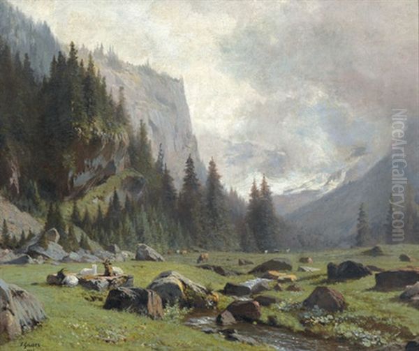 Ziegenherde In Einem Alpental Oil Painting by Johann-Joseph Geisser