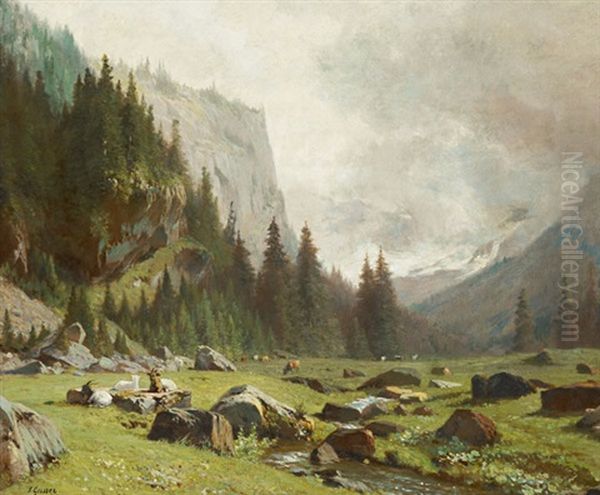 Troupeau Dans L'alpe Oil Painting by Johann-Joseph Geisser