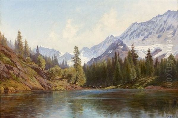 Gebirgssee Mit Viehherde Oil Painting by Johann-Joseph Geisser