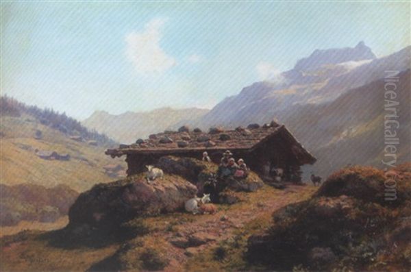 Auf Der Ziegenalp Oil Painting by Johann-Joseph Geisser