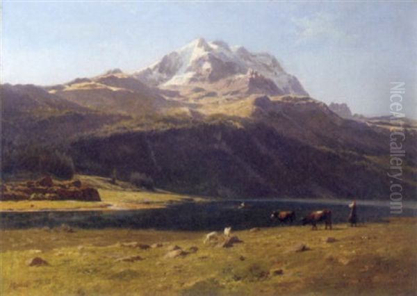 A Swiss Alpine Lake Oil Painting by Johann-Joseph Geisser