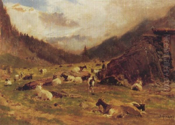 Ruhende Ziegenherde Auf Einer Alp Oil Painting by Johann-Joseph Geisser