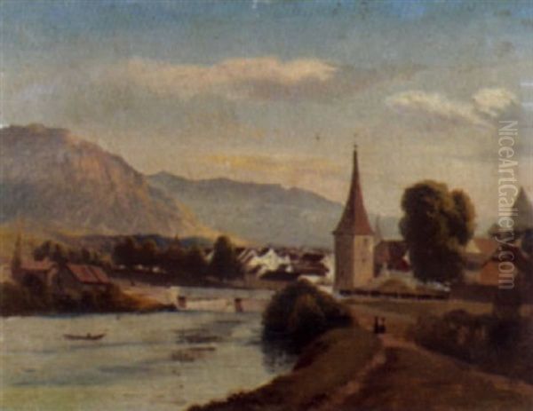 Ansicht Einer Stadt An Einem Fluss Oil Painting by Johann-Joseph Geisser