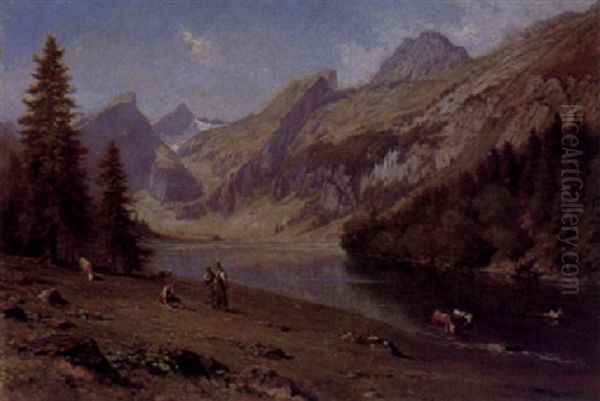 Figures In An Alpine Lake Landscape Oil Painting by Johann-Joseph Geisser