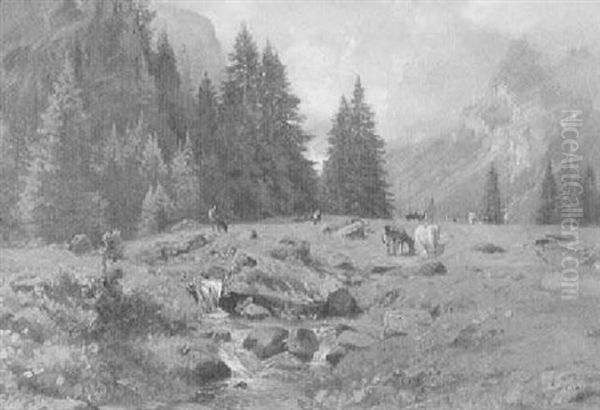 Alpental Mit Weidenden Kuhen Oil Painting by Johann-Joseph Geisser