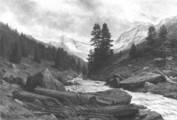 Flusslandschaft Im Gebirge Oil Painting by Johann-Joseph Geisser