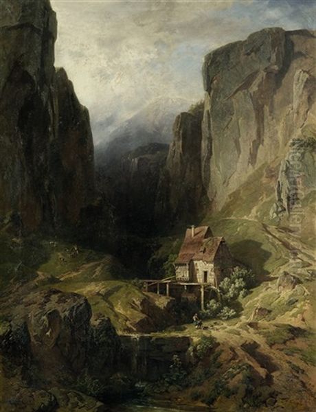 Muhle In Einer Gebirgsschlucht Mit Figurenstaffage Oil Painting by August Christian Geist