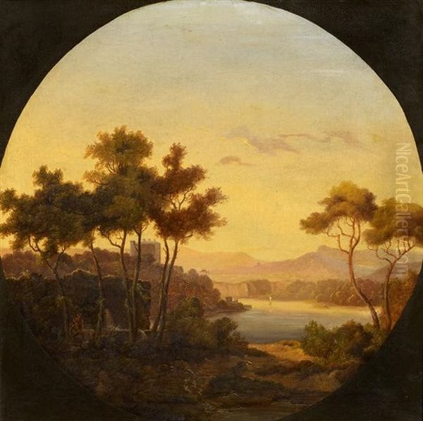 Blick Von Einer Anhohe Auf Ein Flusstal In Der Abendsonne (+ Blick Auf Ein Castell Oberhalb Eines Flusstals In Der Abendsonne; 2 Works) Oil Painting by August Christian Geist