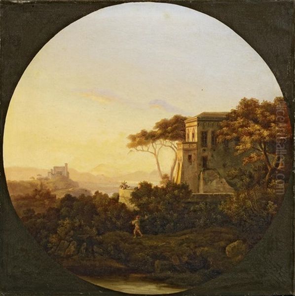 Blick Von Einer Anhohe Auf Ein Flusstal In Der Abendsonne (+ Blick Auf Ein Castell Oberhalb Eines Flusstals In Der Abendsonne; 2 Works) Oil Painting by August Christian Geist