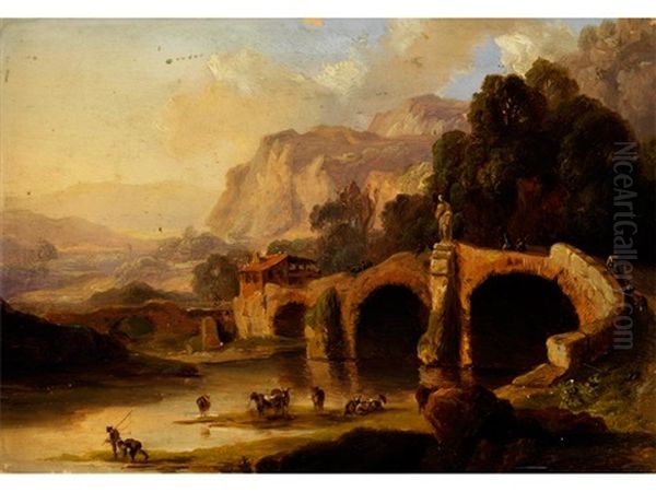 Tiefe Landschaft Mit Fluss Und Brucke (+ Study; 2 Works) Oil Painting by August Christian Geist