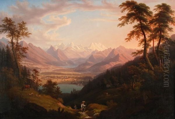 Blick In Weite Alpenlandschaft Mit See Oil Painting by August Christian Geist