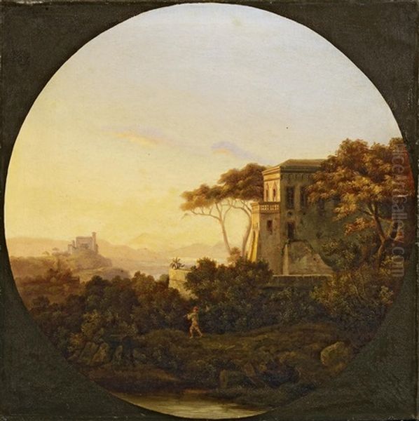 Blick Von Einer Anhohe Auf Ein Flustal In Der Abendsonne (+ Blick Auf Ein Castell Oberhalb Eines Flustals In Der Abendsonne; 2 Works) Oil Painting by August Christian Geist